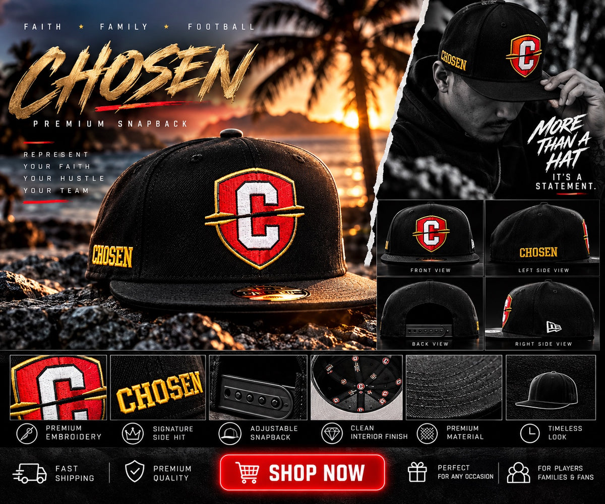 CHOSEN black snapback hat mockup showing front, side, and back views