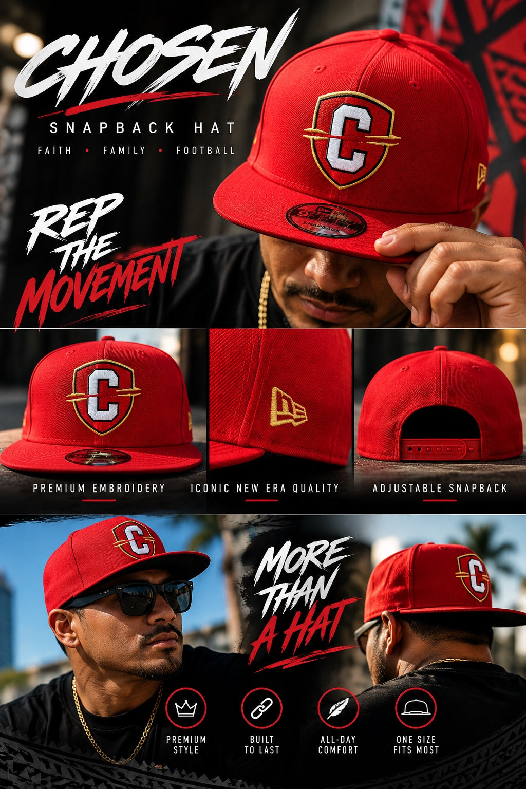 CHOSEN red snapback hat mockup showing front, side, and back views